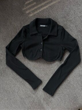 Babyboo Black Ribbed Cropped Long-Sleeve Polo